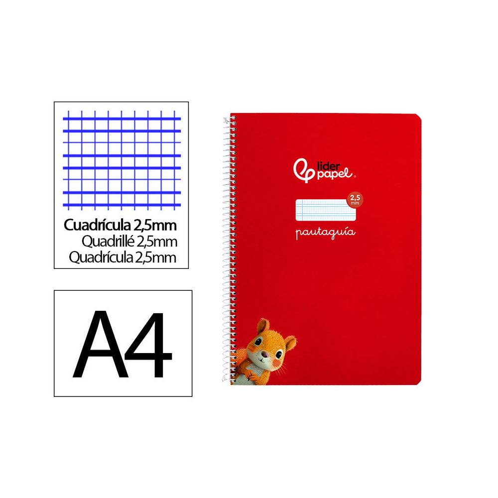 Cuaderno espiral liderpapel di n a4 pautaguia tapa dura 80h 90 gr cuadro pautado 2,5mm color rojo - BF128