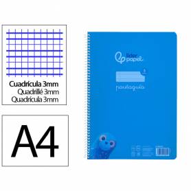 Cuaderno espiral liderpapel din a4 pautaguia tapa plastico80h 90gr cuadro pautado 3mm con margen color azul - BE40