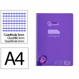 Cuaderno espiral liderpapel din a4 pautaguia tapa plastico80h 90gr cuadro pautado 3mm con margen color lila - BE42