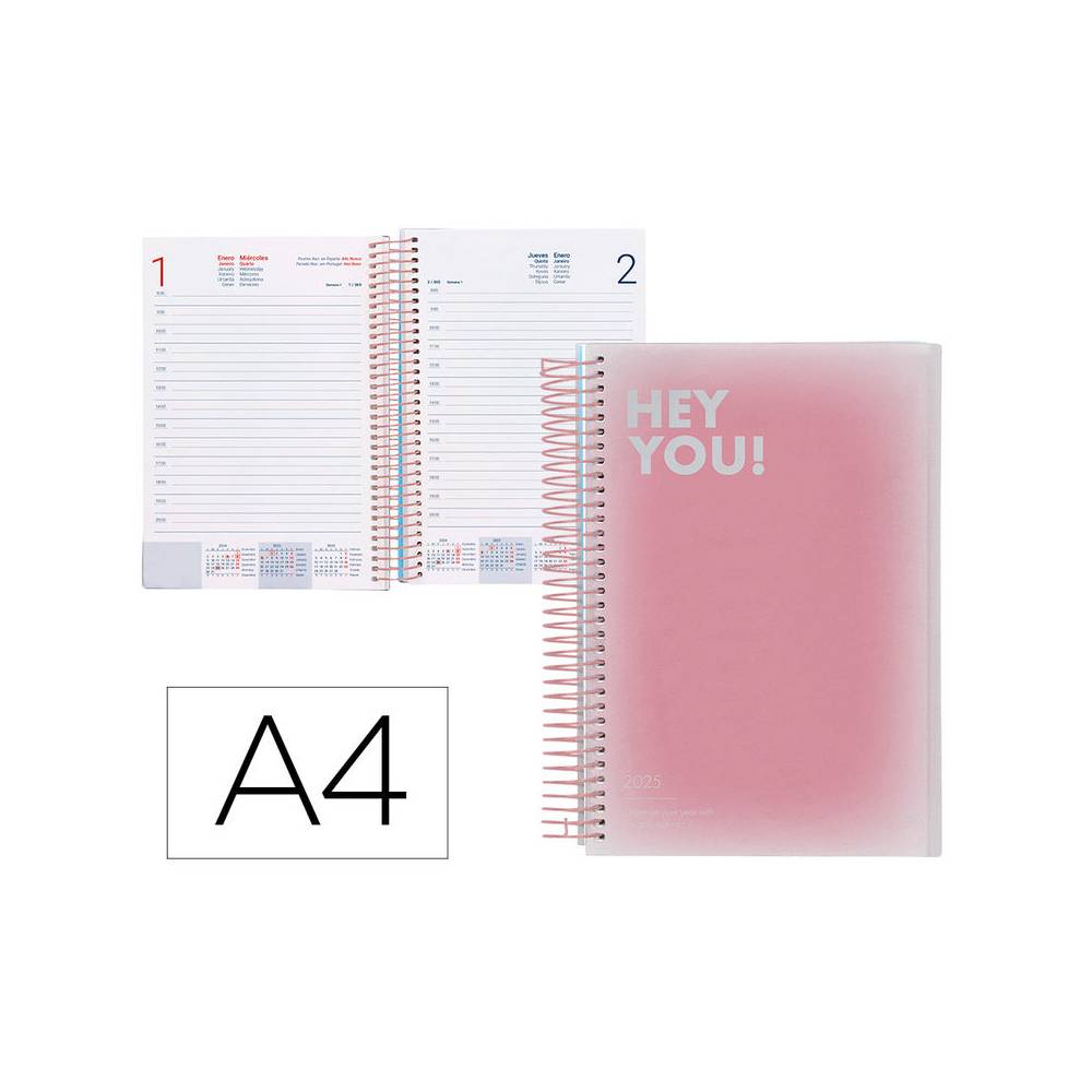 Agenda espiral liderpapel gazi a4 2025 día página color rosa papel 70 gr