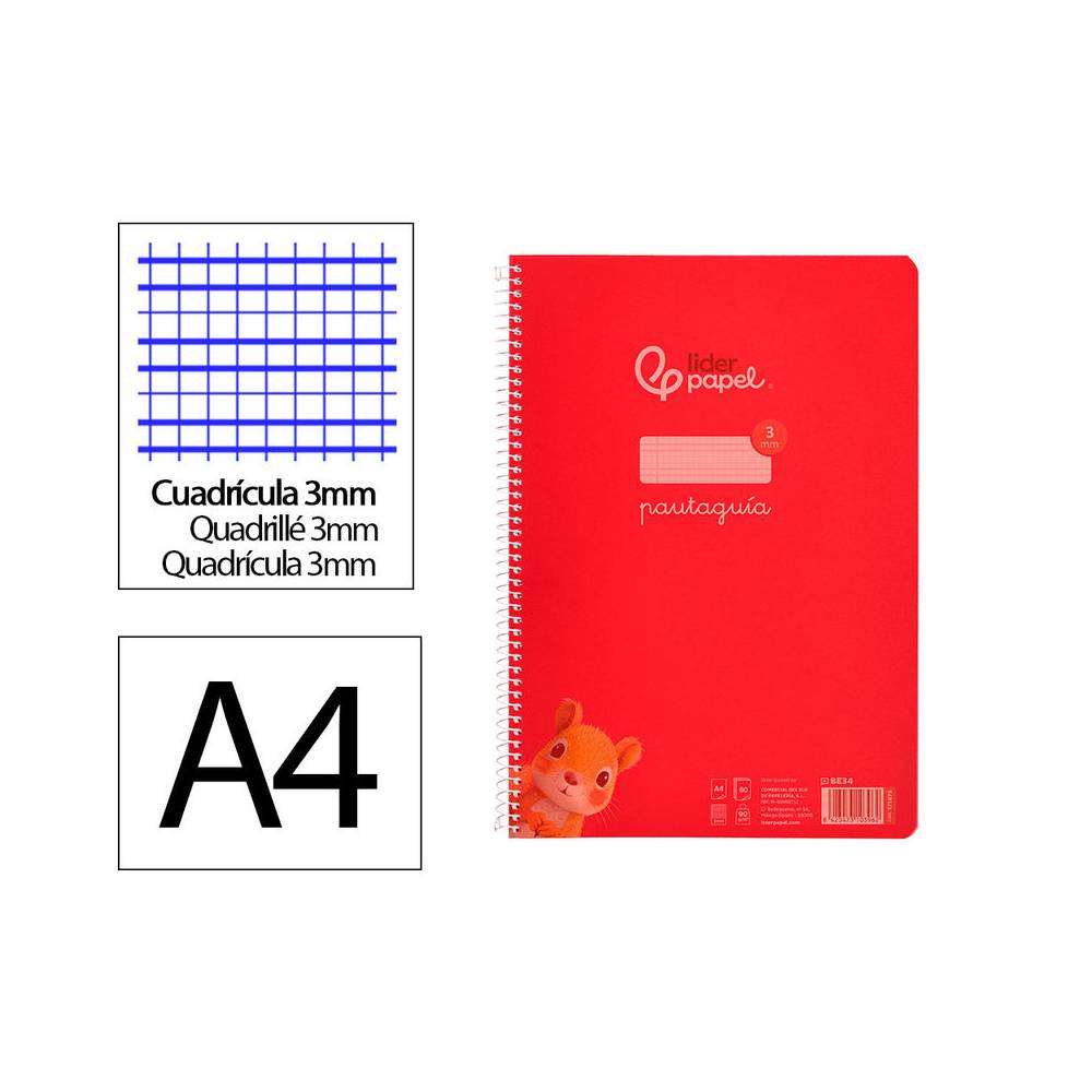 Cuaderno espiral liderpapel din a4 pautaguia tapa plastico80h 90gr cuadro pautado 3mm con margen color rojo - BE34