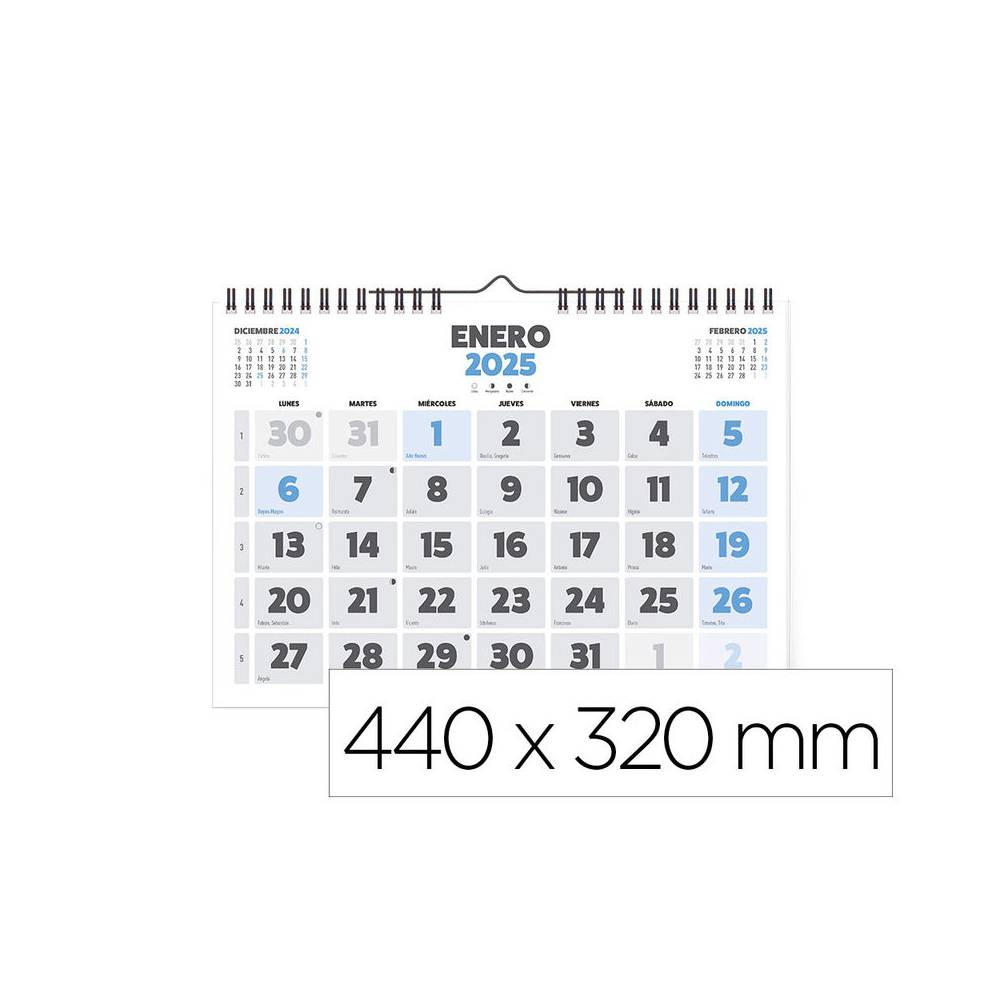 Calendario espiral pared liderpapel clasico 2025 numeros grandes 44x32 cm papel 128 gr - 