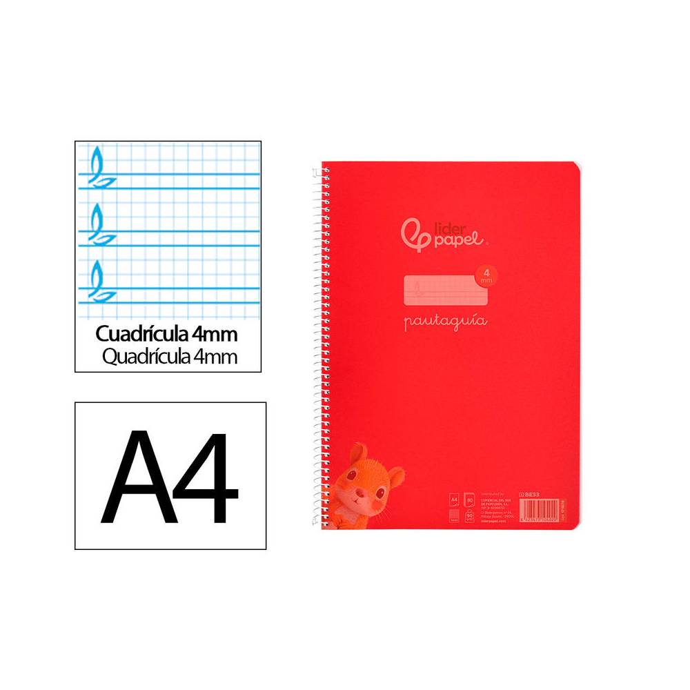 Cuaderno espiral liderpapel din a4 pautaguia tapa plastico80h 90gr cuadro pautado 4mm con margen color rojo - BE33