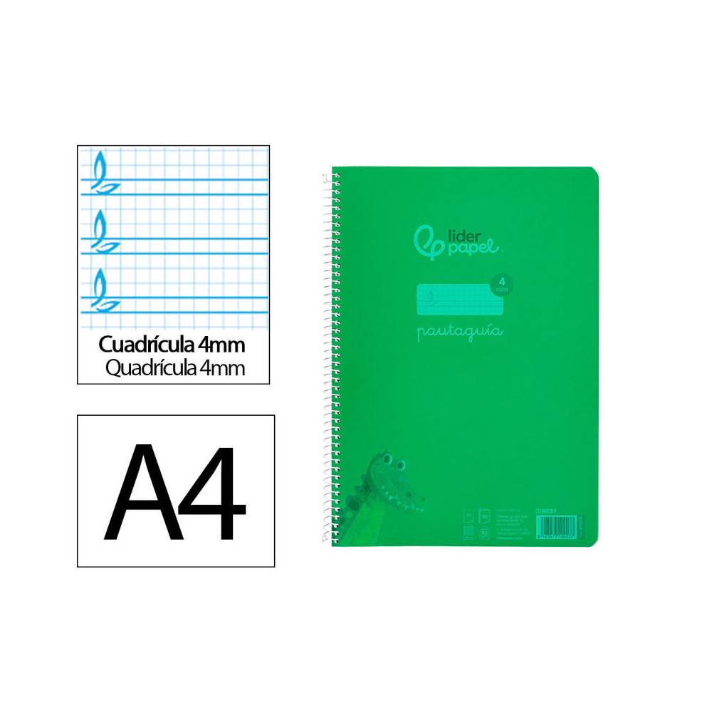 Cuaderno espiral liderpapel din a4 pautaguia tapa plastico80h 90gr cuadro pautado 4mm con margen color verde - BE37