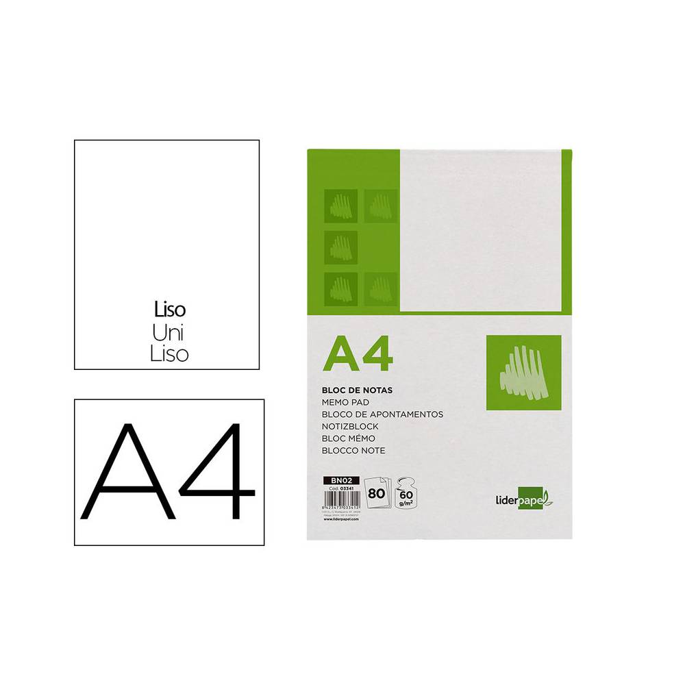 Bloc notas liderpapel liso a4 80 hojas 60g/m2