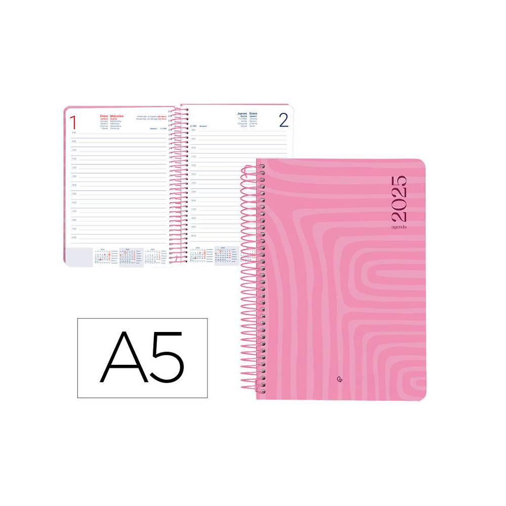 Agenda espiral liderpapel syros a5 2025 dia pagina color rosa papel 60 gr