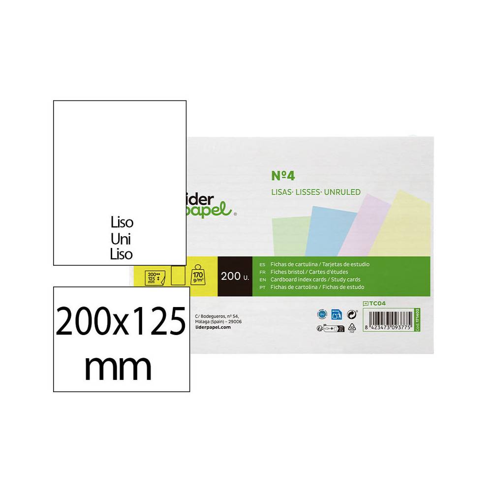 Tarjeta liderpapel para estudiar lisa cartulina de colores 170 gr m2 125x200mm paquete de 200 unidades - TC04