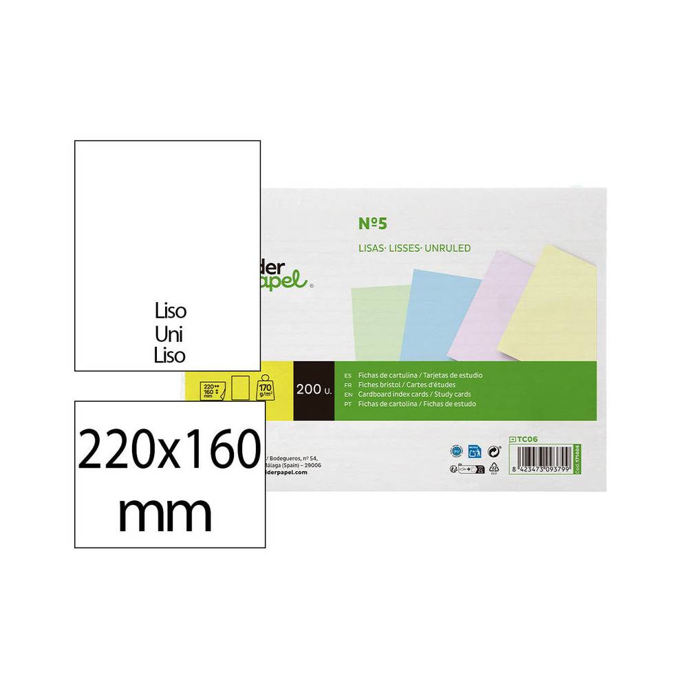 Tarjeta liderpapel para estudiar lisa cartulina de colores 170 gr m2 160x220mm paquete de 200 unidades - TC06