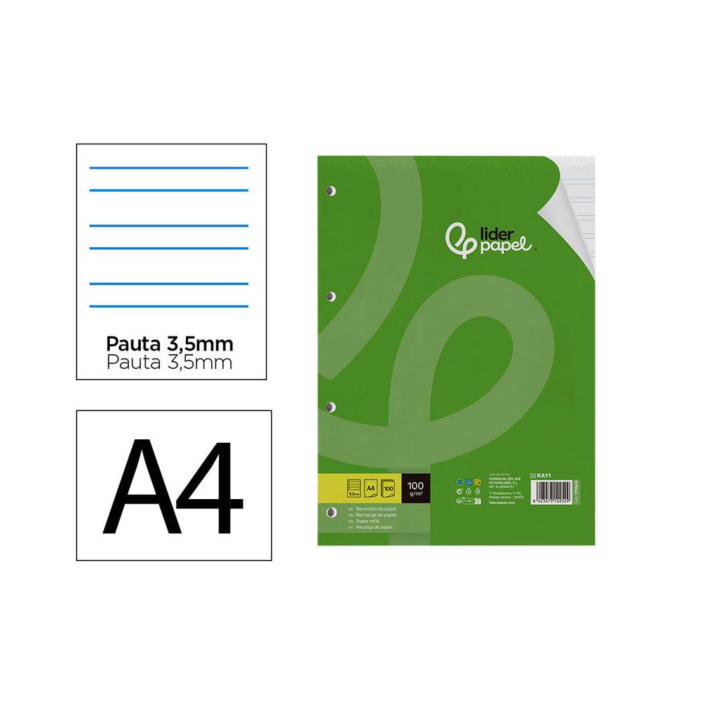 Recambio liderpapel a4 100 hojas 100g m2 pauta 3,5mm con margen 4 taladros - RA11