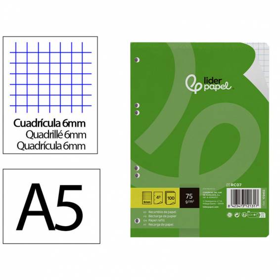 Recambio liderpapel din a5 100 hojas 75 gr cuadro 6mm con margen 6 taladros - RC07