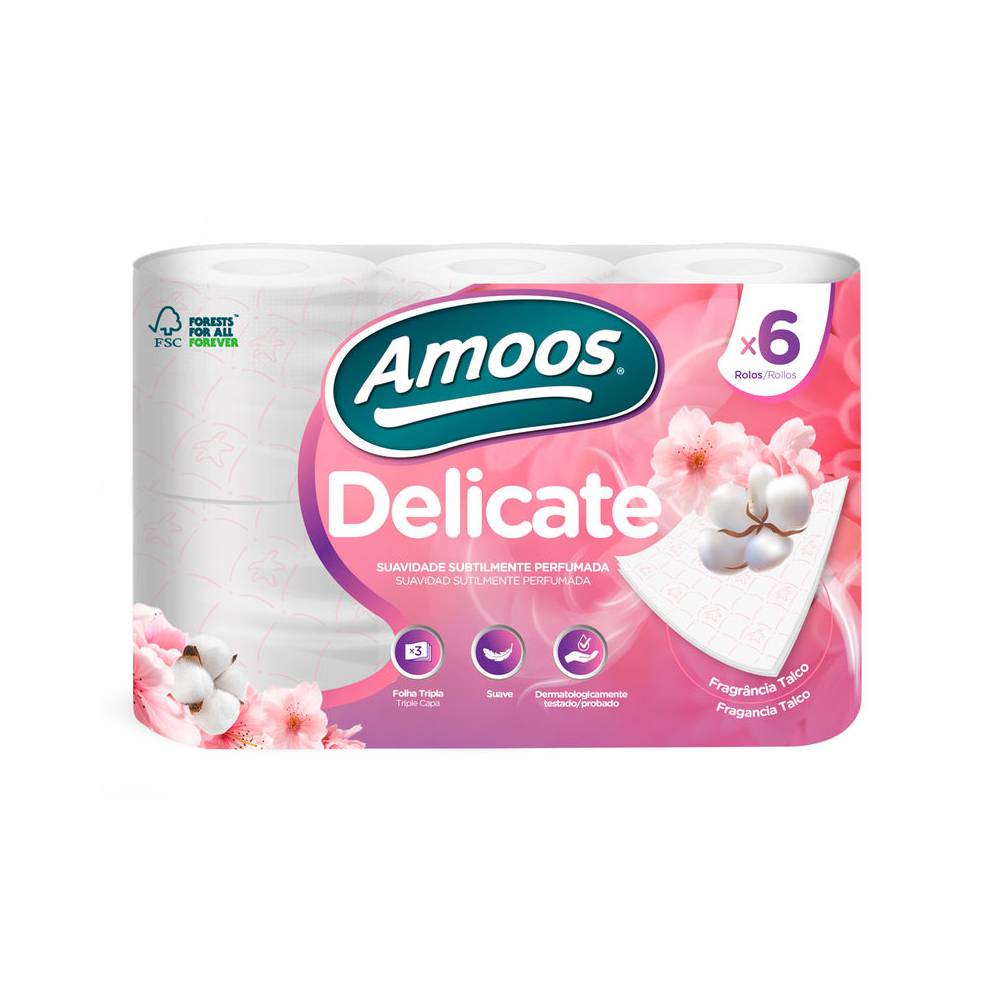 Papel higienico amoos delicate 3 capas color blanco paquete de 6 rollos 20 m - H632075
