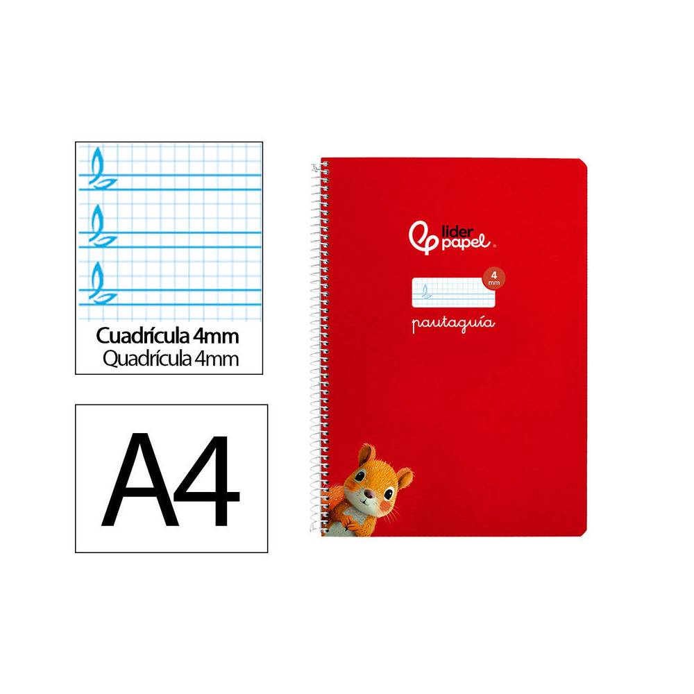 Cuaderno espiral liderpapel din a4 pautaguia tapa dura 80h 90 gr cuadro pautado 4mm color rojo - BF140