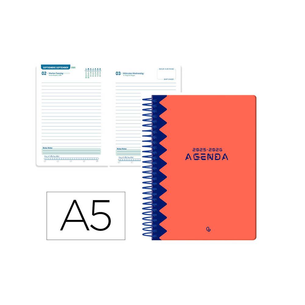 Agenda escolar liderpapel 25-26 espiral classic rojo dia pagina a5 bilingüe papel fsc 70 gr - LP567