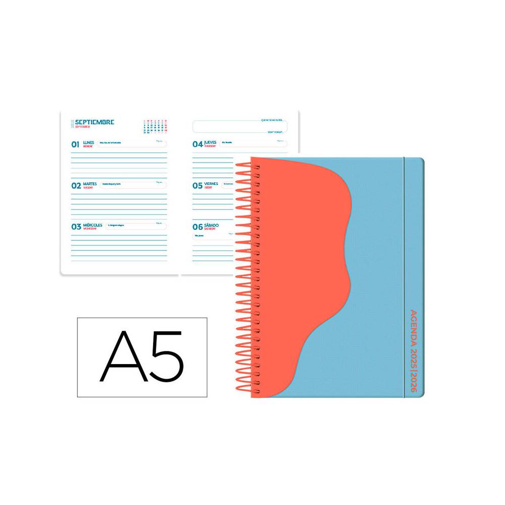 Agenda escolar liderpapel 25-26 espiral waves azul semana vista a5 bilingüe papelfsc 80 gr - LP576