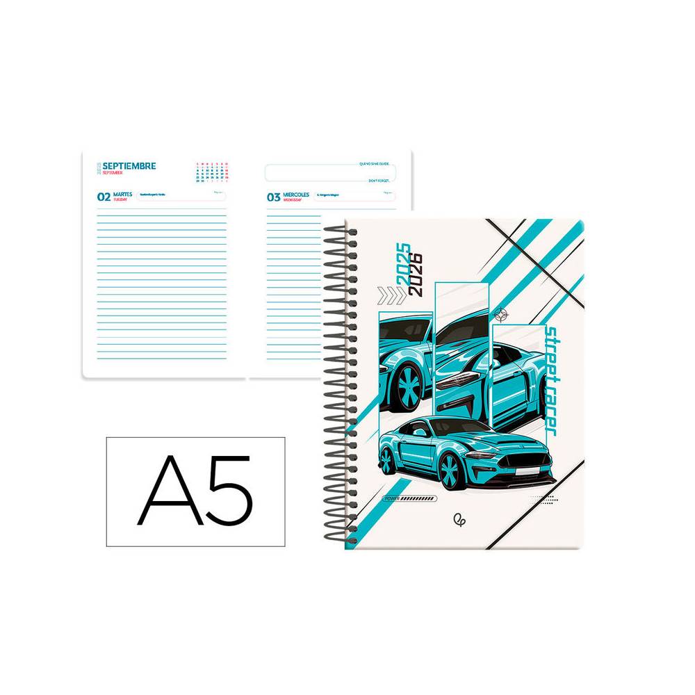 Agenda escolar liderpapel 25-26 espiral cars turquesa dia pagina a5 bilingüe papel fsc 80 gr - LP596