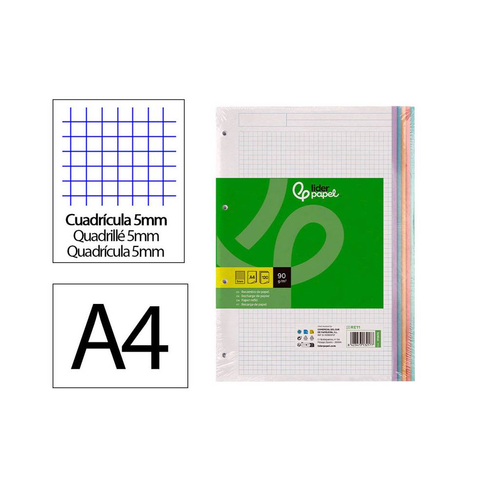 Recambio liderpapel a4 120 hojas 90gr cuadro 5 mm 4 taladros bandas de 5 colores pasteles - RE11