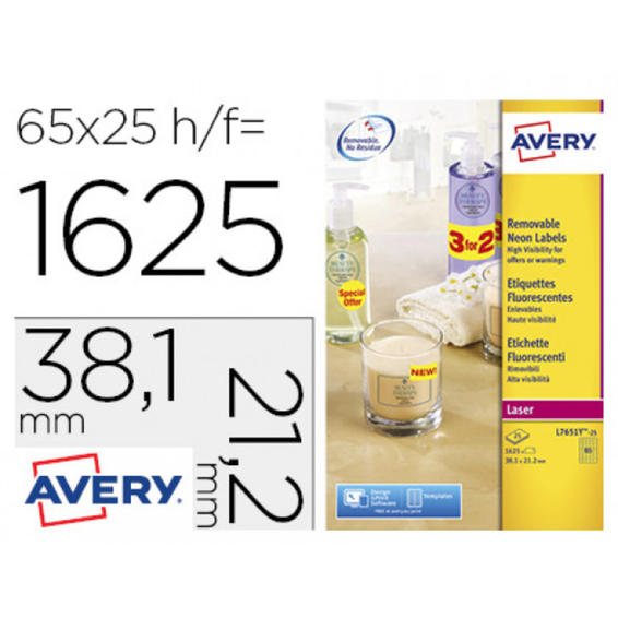 Etiqueta adhesiva avery tamaño 38,1x21,2 mm removible amarillo fluorescente caja de 1625 unidades