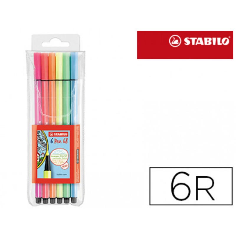 Rotulador stabilo acuarelable pen 68 metalico 1 mm estuche de 6 unidades colores surtidos