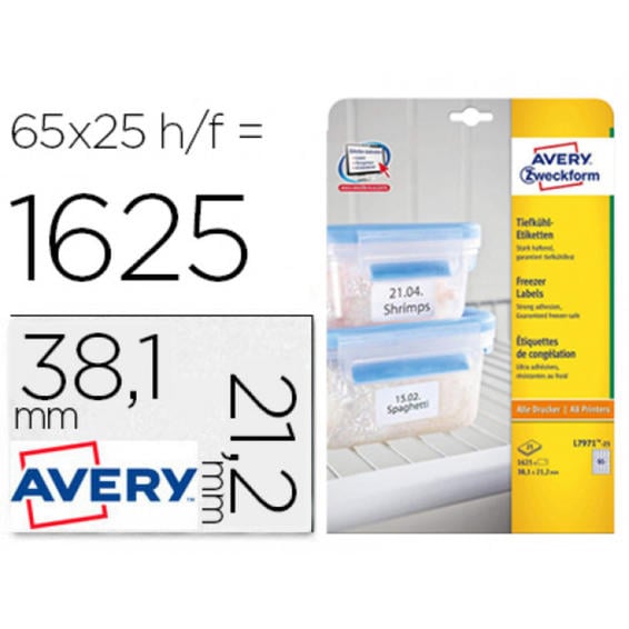 Etiqueta adhesiva avery para congelador blanca 38,1x21,1 mm ink-jet laser y fotocopiadora pack de 25