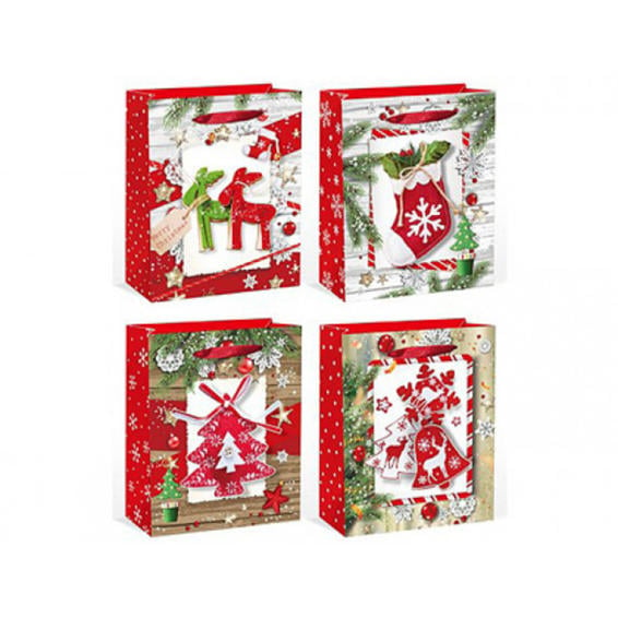 Bolsa para regalo arguval mediana navidad glitter 3d renos arbol campana y bota 32x26x10 cm