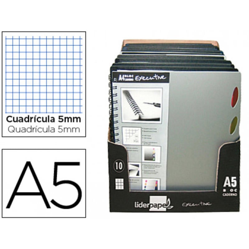 Cuaderno espiral liderpapel a5executive cuadro 5mm 100h80 gr 5 separadores plastico expositor de 10 unidades stda