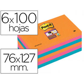 Bloc de notas adhesivas quita y pon post-it super sticky 76x127 mm con 6 bloc 2 rosa naranja neon azul