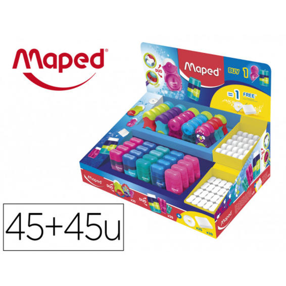 Sacapuntas plastico maped con goma + 45 gomas gratis expositor de 45 unidades