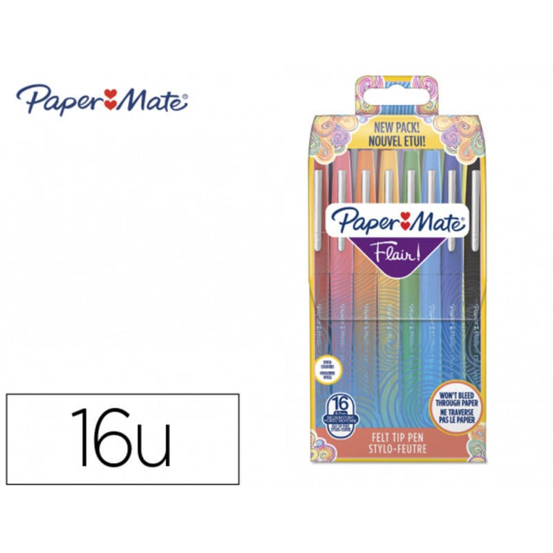 Rotulador paper mate flair original punta de fibra estuche rigido de 16 colores vivos surtidos