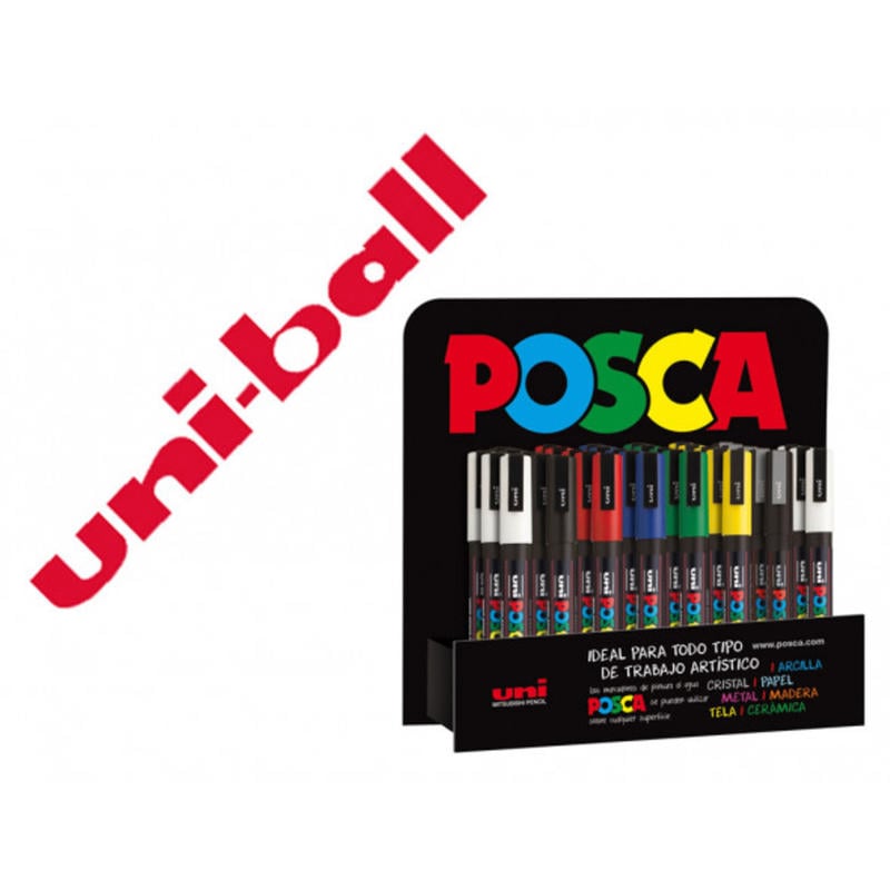 Rotulador uni-ball posca pc3m pintura base al agua 0,9-1,3 mm expositor 36 unidades colores surtidos