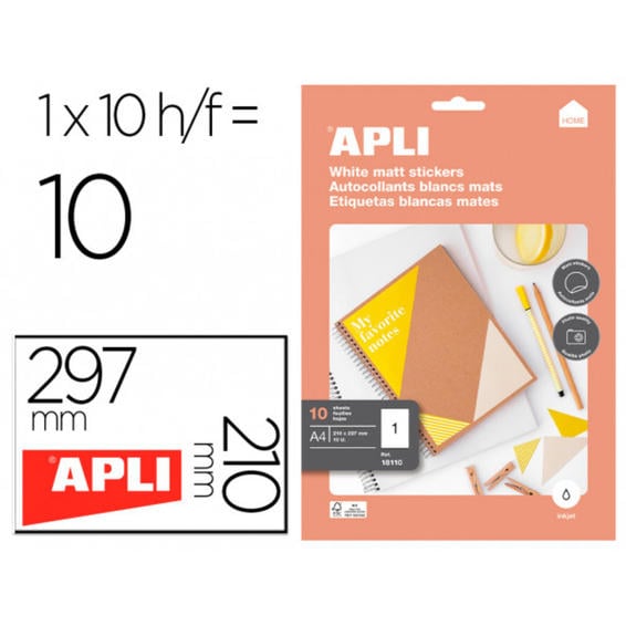 Etiqueta adhesiva apli mate inkjet blanca 210x297 mm bolsa de 10 hojas