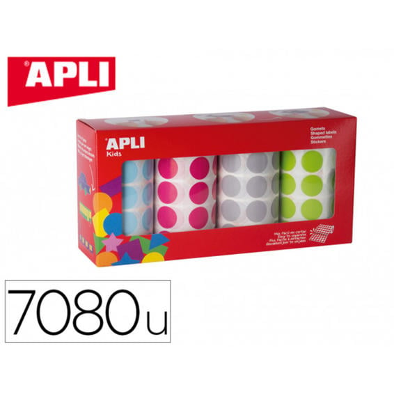 Gomets apli autoadhesivo circulares 20 mm pack de 4 rollos azul / fucsia / gris / verde 7080 unidades