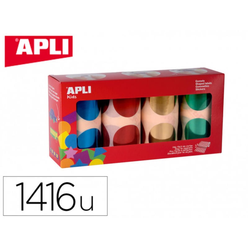 Gomets apli autoadhesivo circulares 45 mm pack de 4 rollos azul / oro / rojo/ verde 1128 unidades