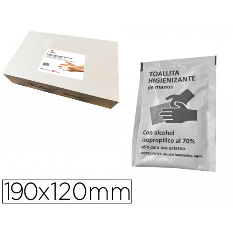 Toallita higienizante hidroalcoholica para manos medidas 190 x 120 mm paquetes individuales caja 500 unidades