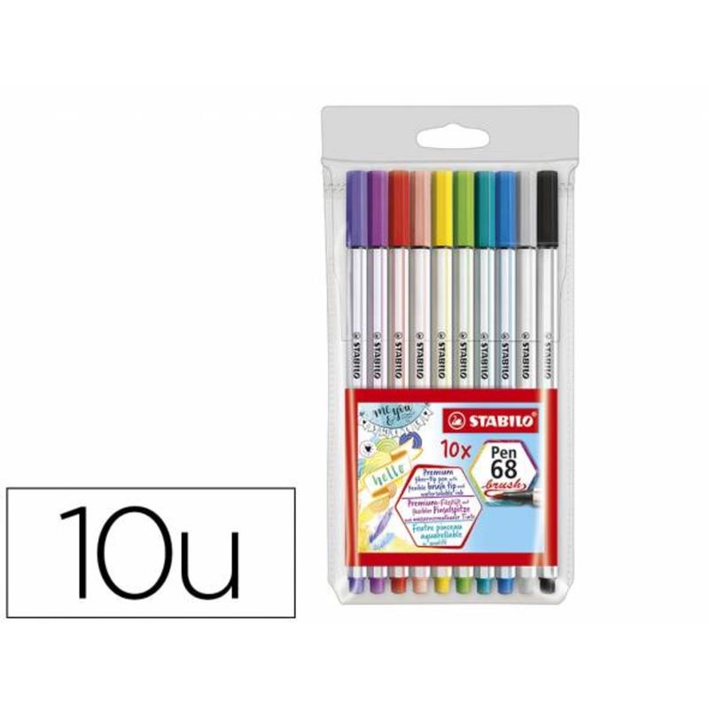 Compra Rotulador stabilo acuarelable pen 68 brush punta pincel estuche de  10 unidades colores surtidos