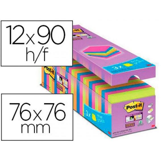 Bloc de notas adhesiva quita y pon post-it super sticky 76x76 mm 90 hojas colores surtidos pack de 21 + 3